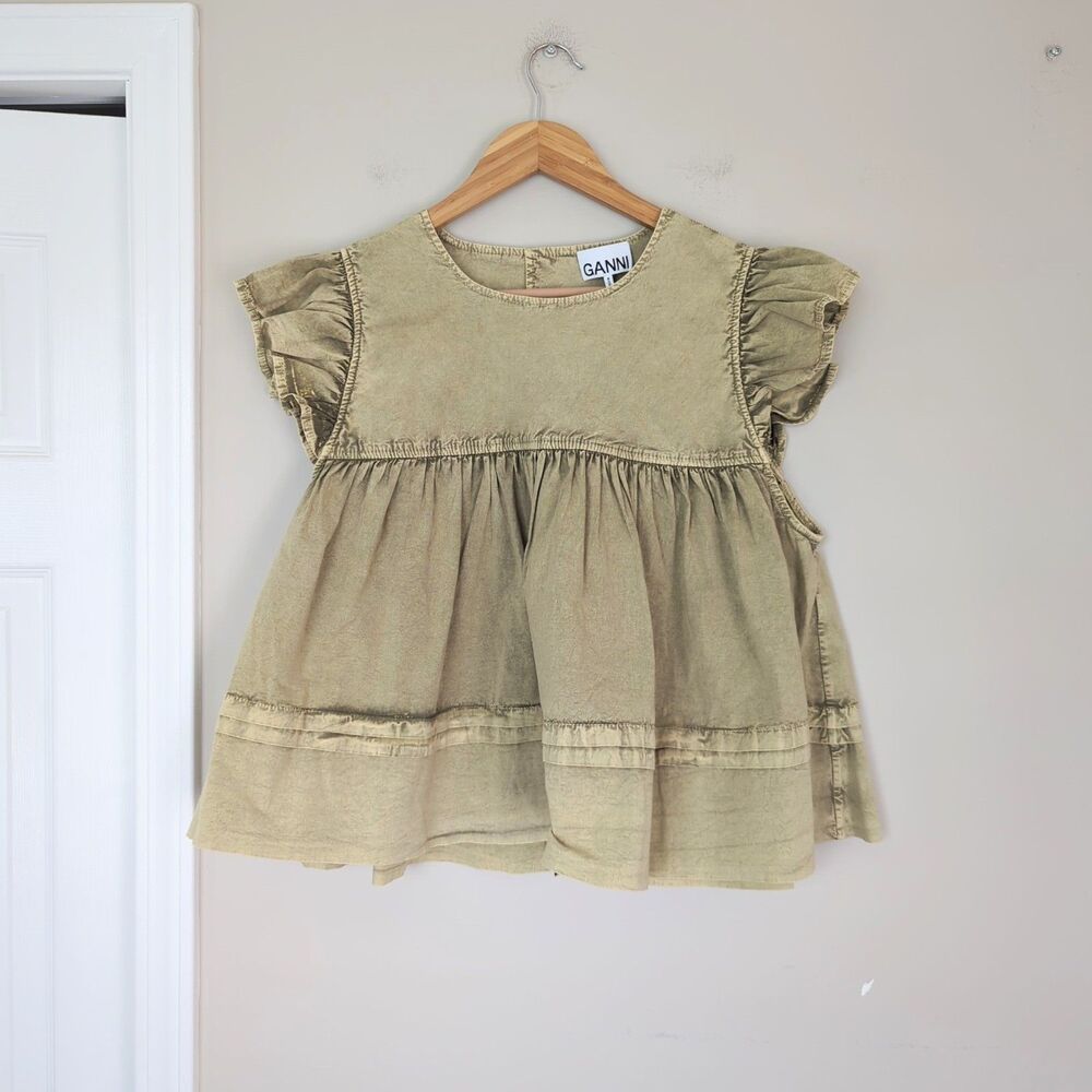 GANNI NWT Washed Stretch Cotton Frill Sleeve Top Green Size 10 Boa Peplum Hem